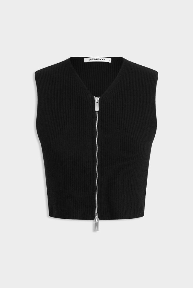 Wool Cropped Ribbed Zip Vest - Black