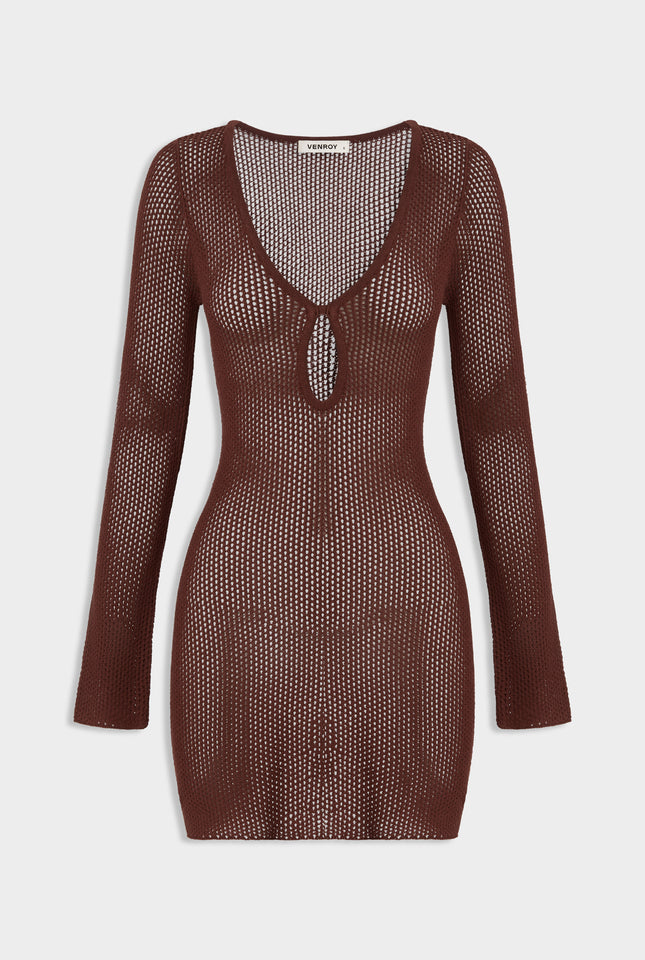 Long Sleeve Crochet Mini Dress - Cherry Mahogany