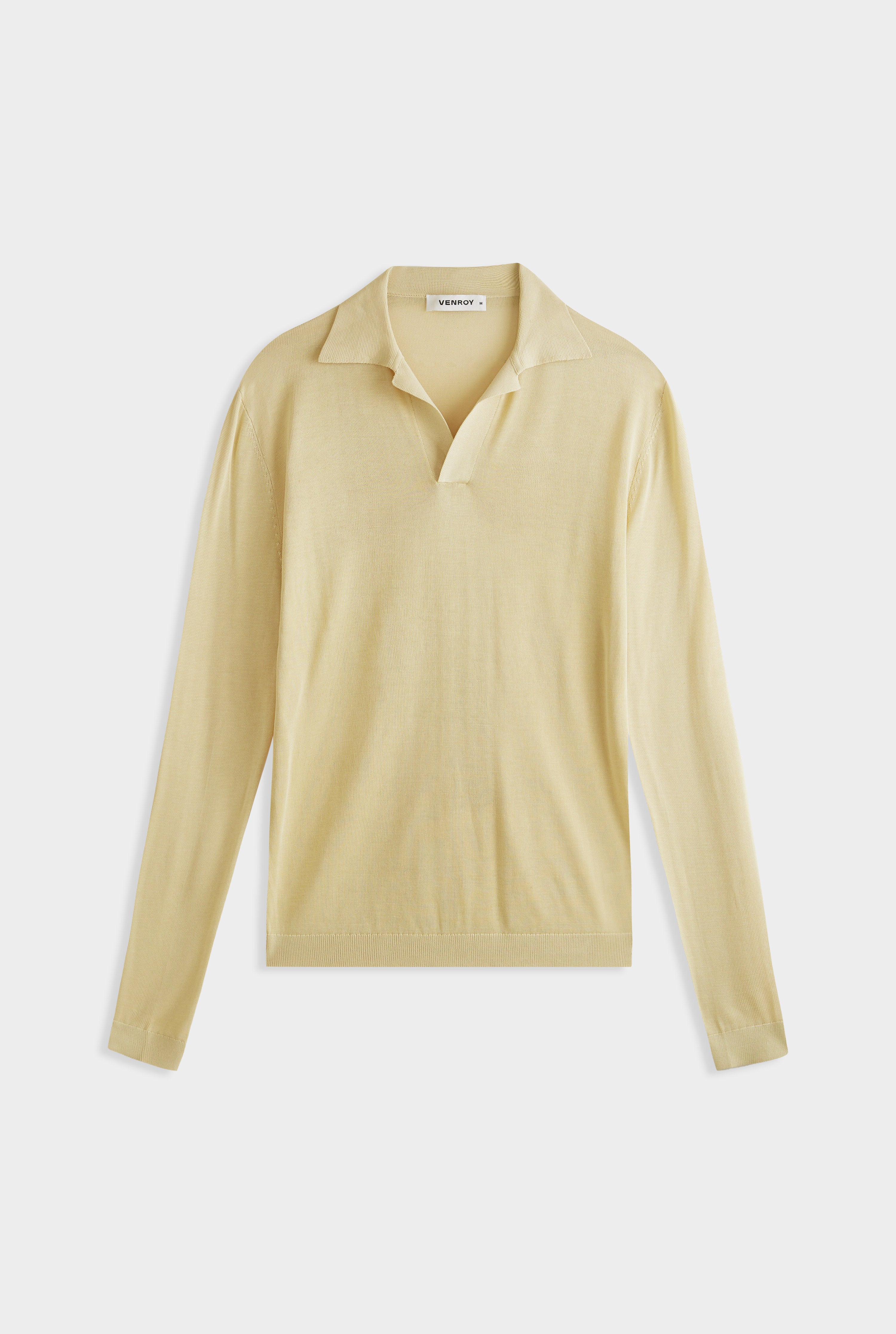 Long Sleeve Silk Knitted Open Neck Polo - Pale Straw