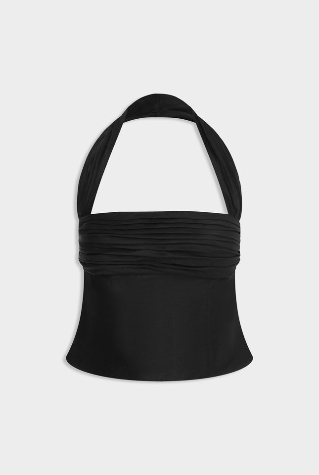 Silk Linen Halter Top - Black