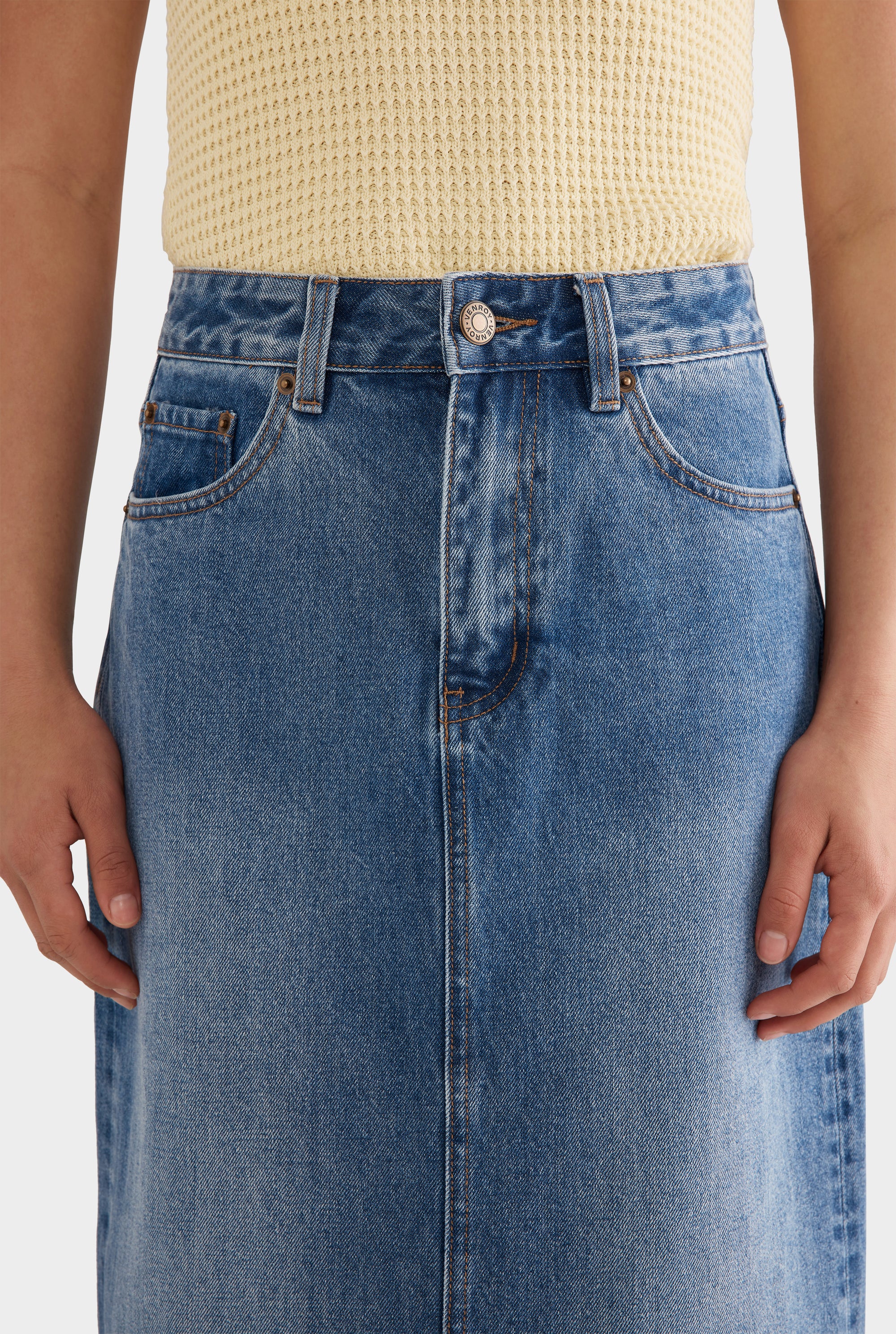 Denim Column Skirt - Mid Blue