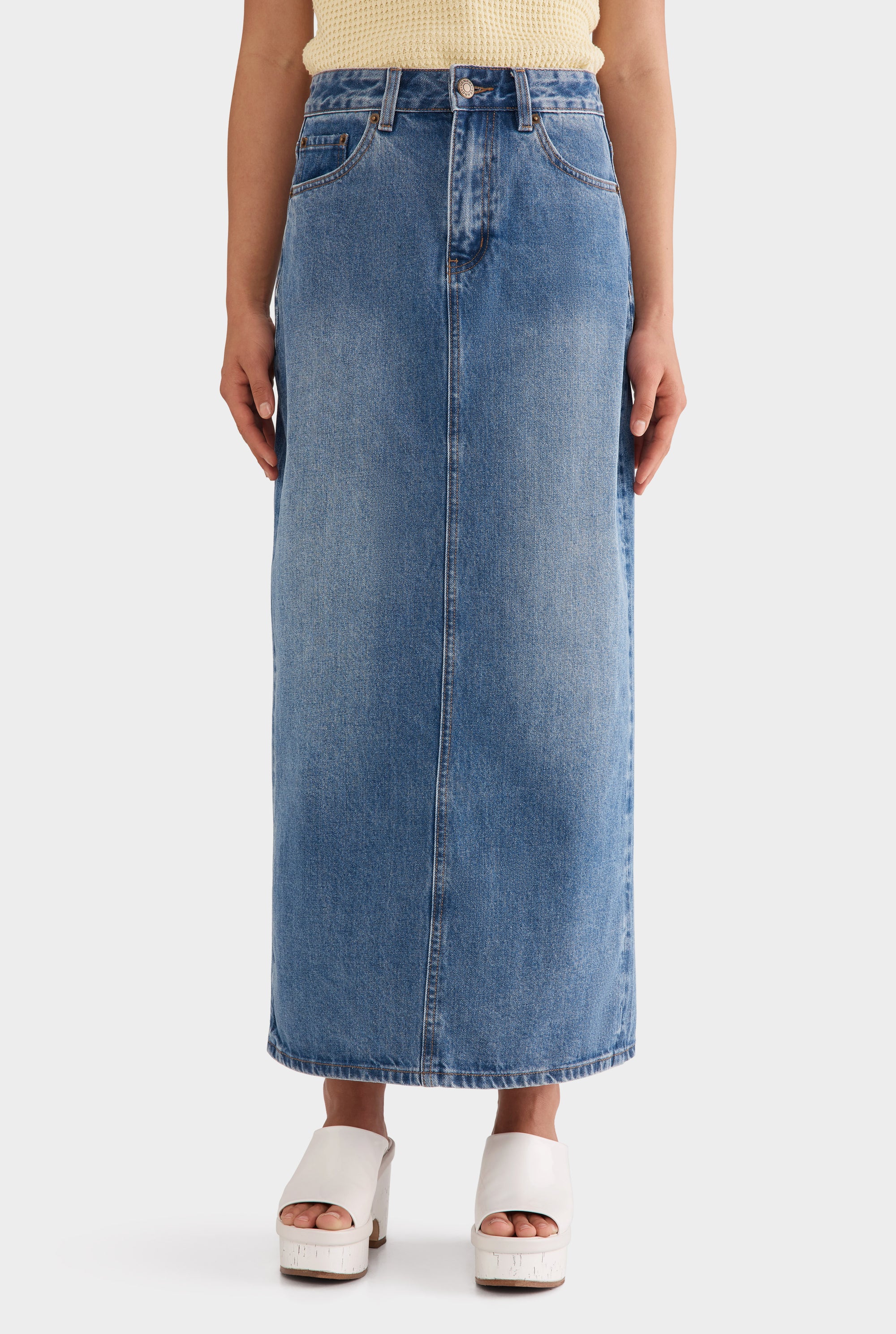 Denim Column Skirt - Mid Blue