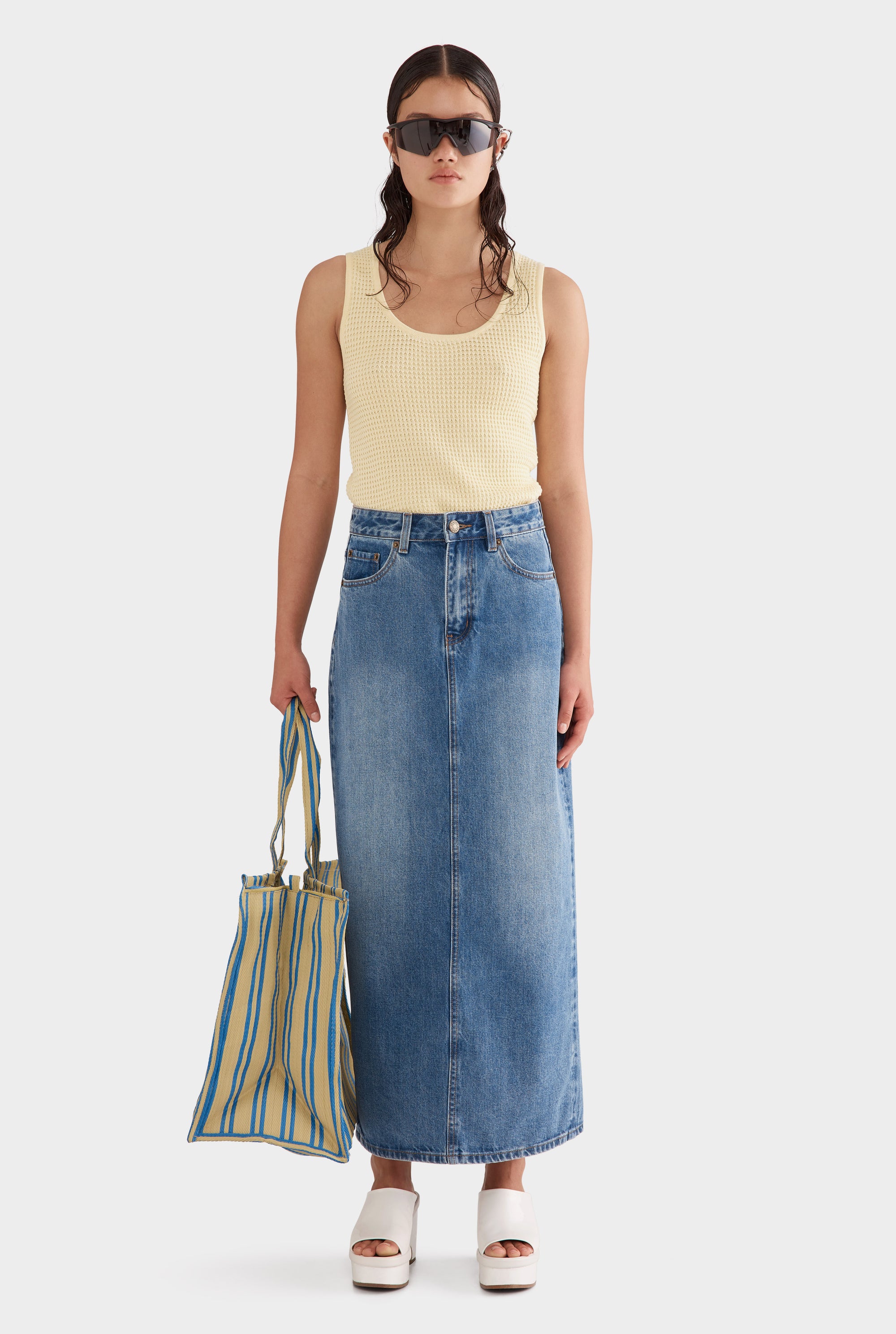 Denim Column Skirt - Mid Blue