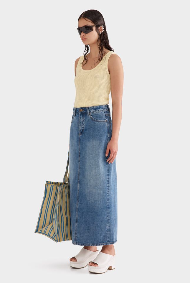 Denim Column Skirt - Mid Blue