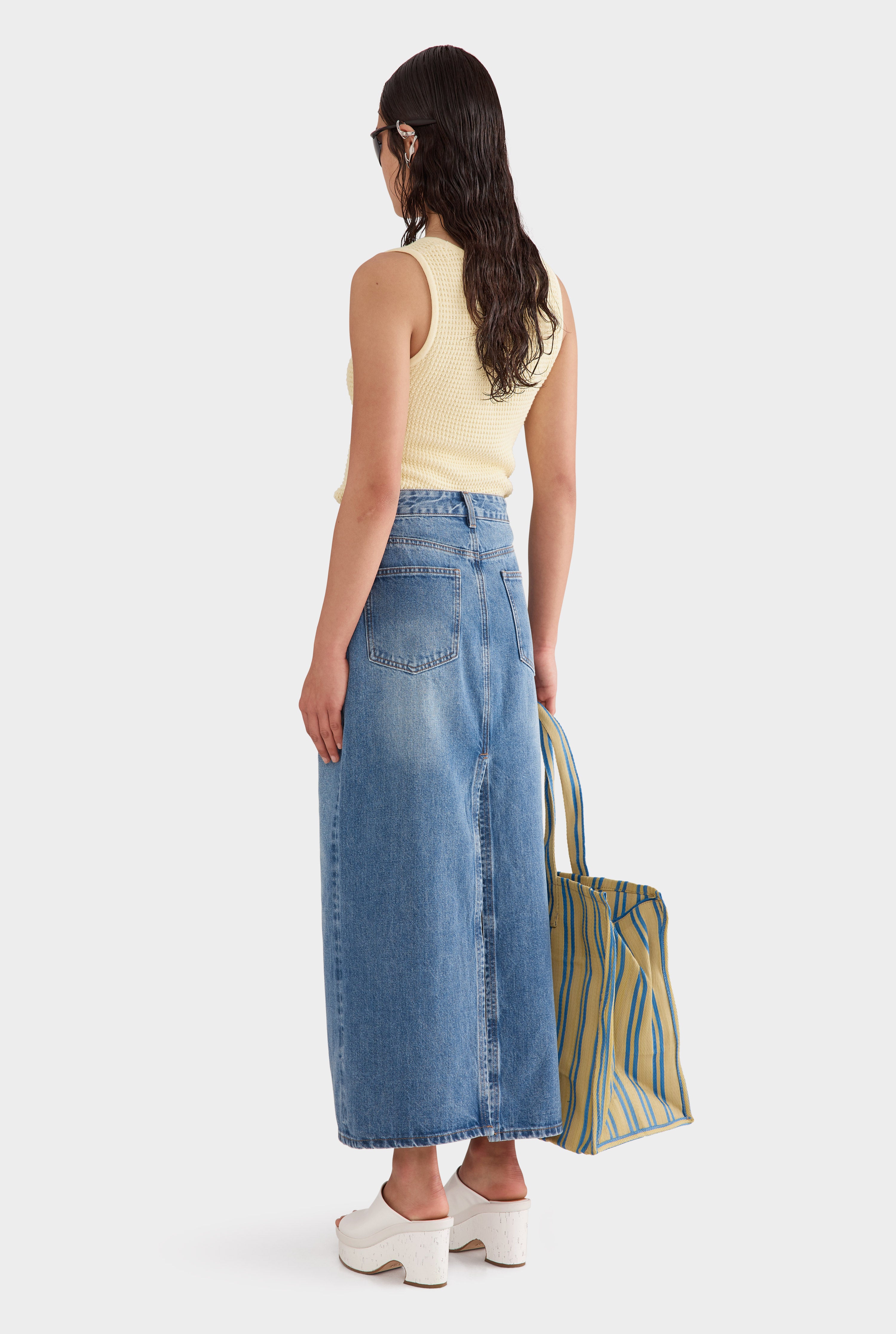 Denim Column Skirt - Mid Blue