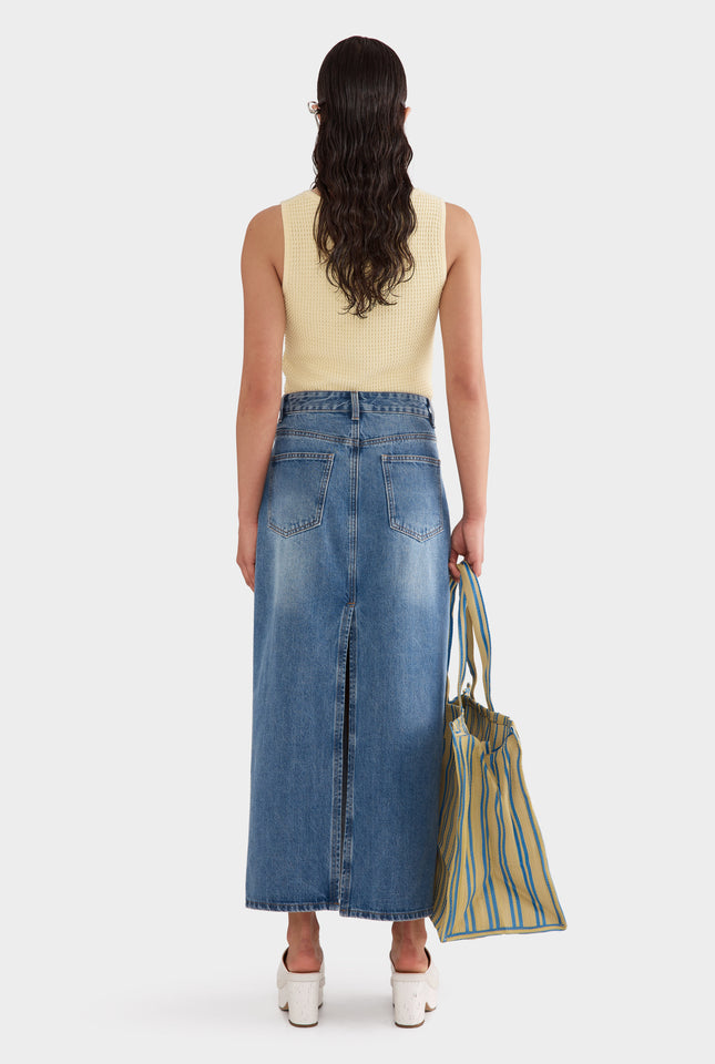 Denim Column Skirt - Mid Blue