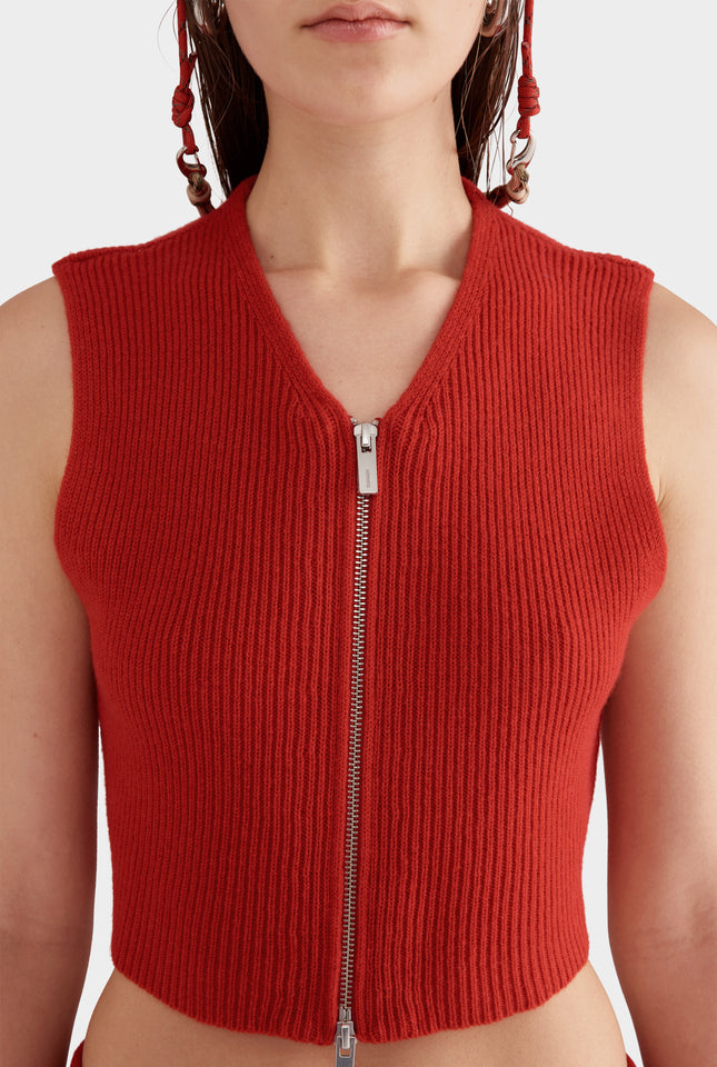 Wool Cropped Ribbed Zip Vest - Red