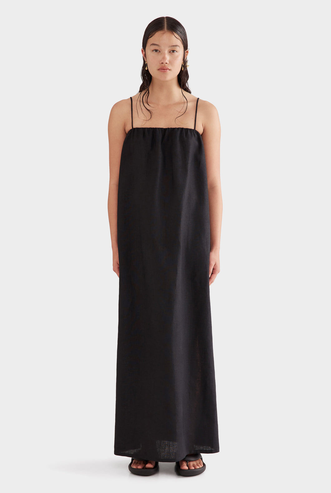 Gathered Linen Maxi Dress - Black