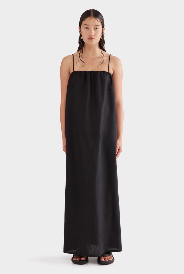 Gathered Linen Maxi Dress - Black