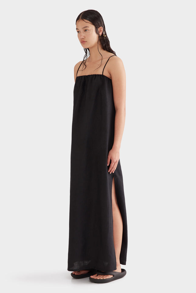 Gathered Linen Maxi Dress - Black