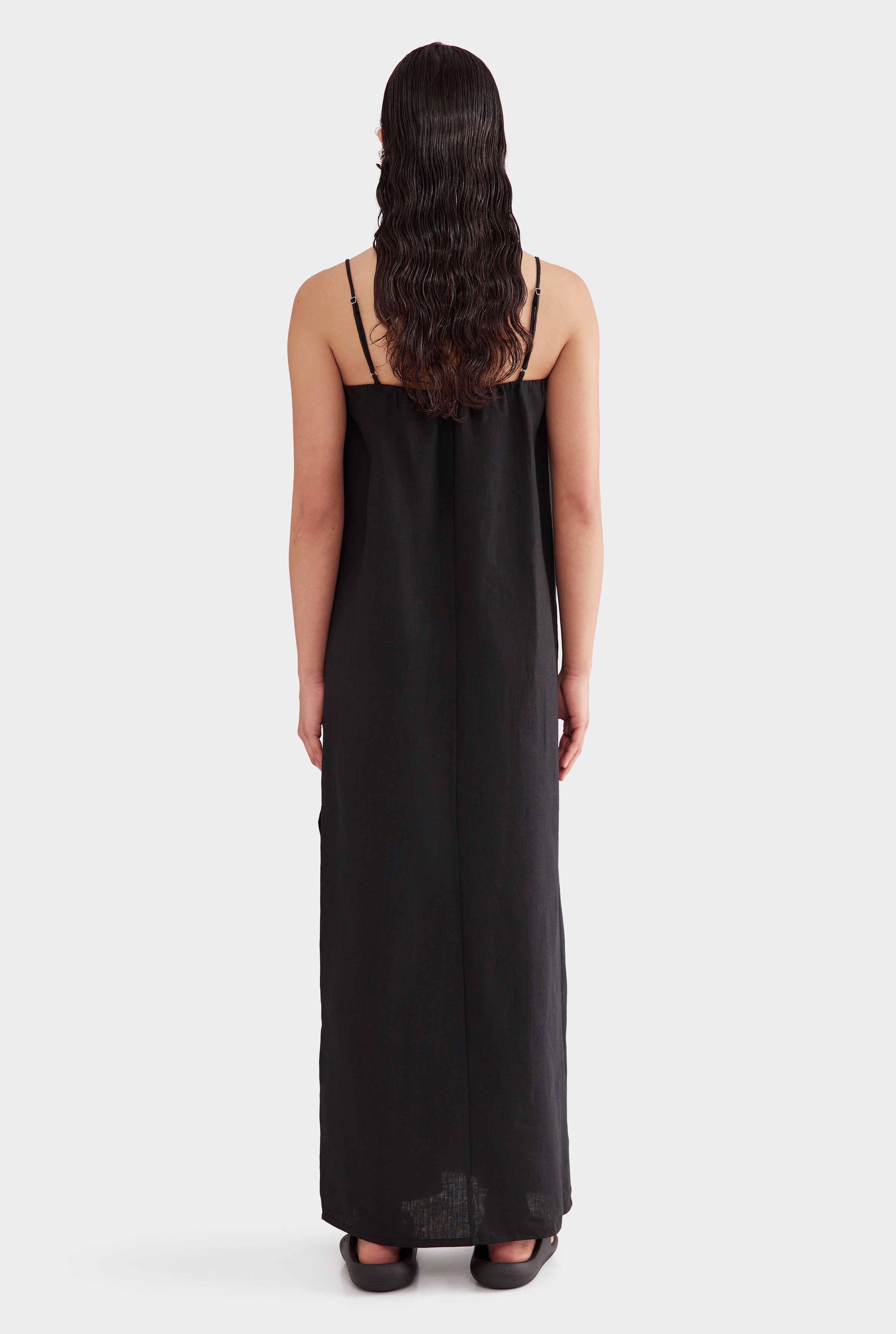 Gathered Linen Maxi Dress - Black