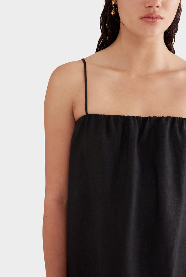 Gathered Linen Maxi Dress - Black