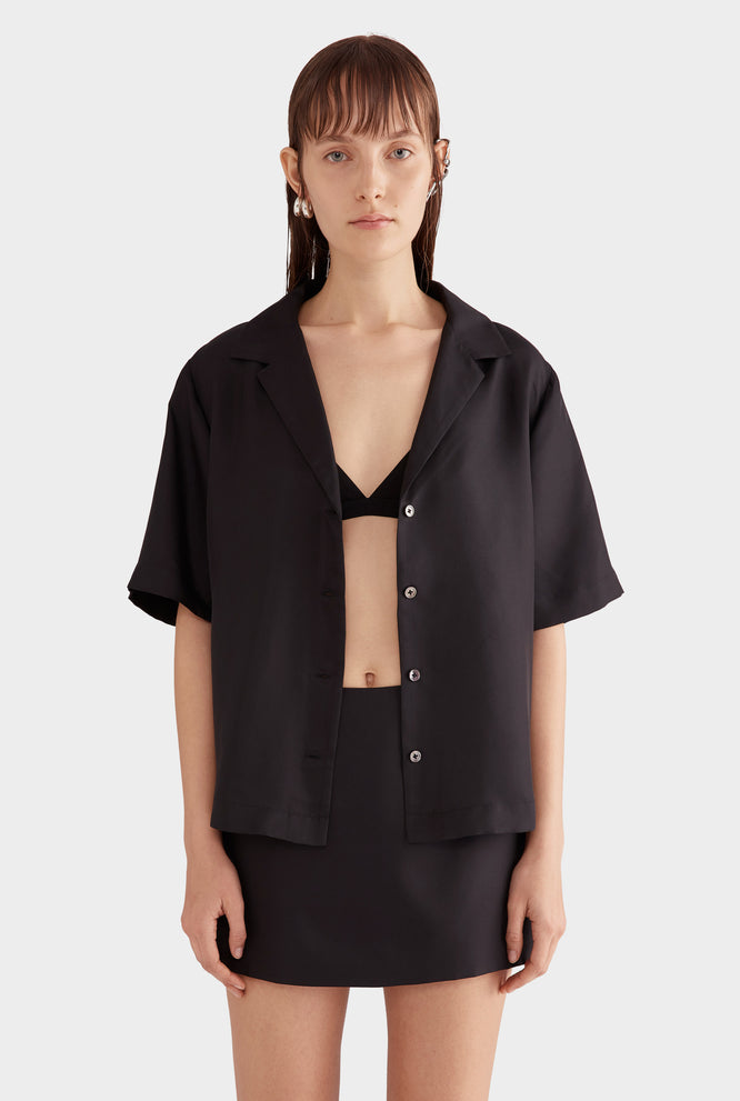 Relaxed Silk Camp Collar Shirt - Black