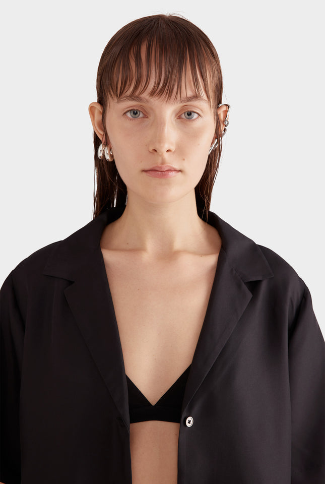 Relaxed Silk Camp Collar Shirt - Black