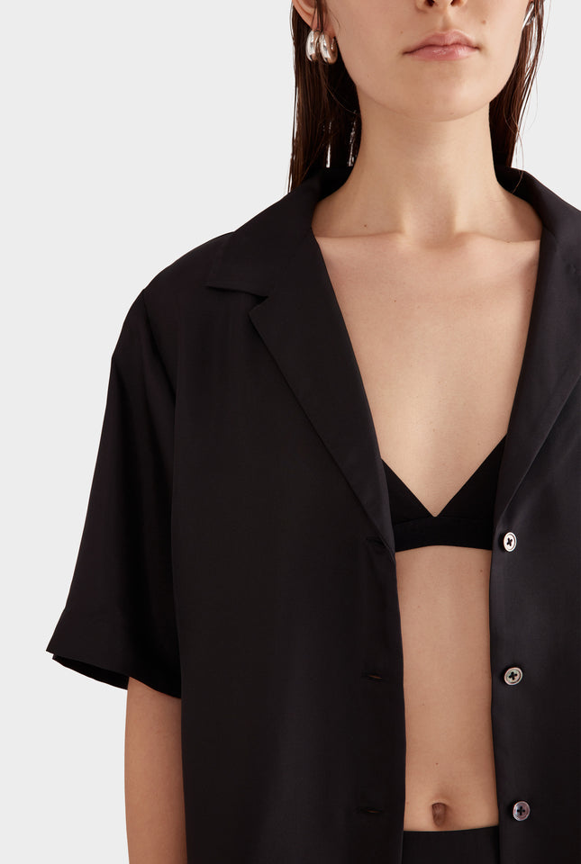 Relaxed Silk Camp Collar Shirt - Black