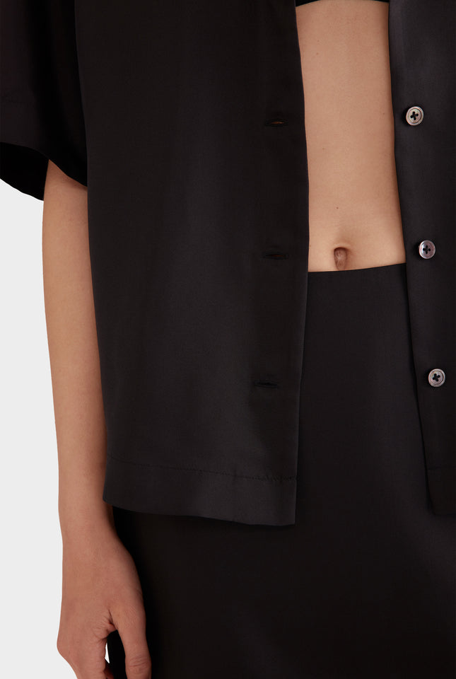 Relaxed Silk Camp Collar Shirt - Black