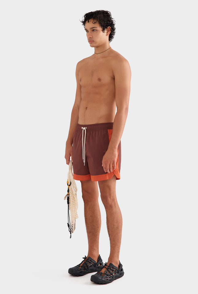 Contrast Border Swim Short - Raisin/Brick