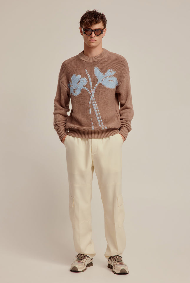 Cotton Cashmere Floral Intarsia Sweater - Brown/Blue