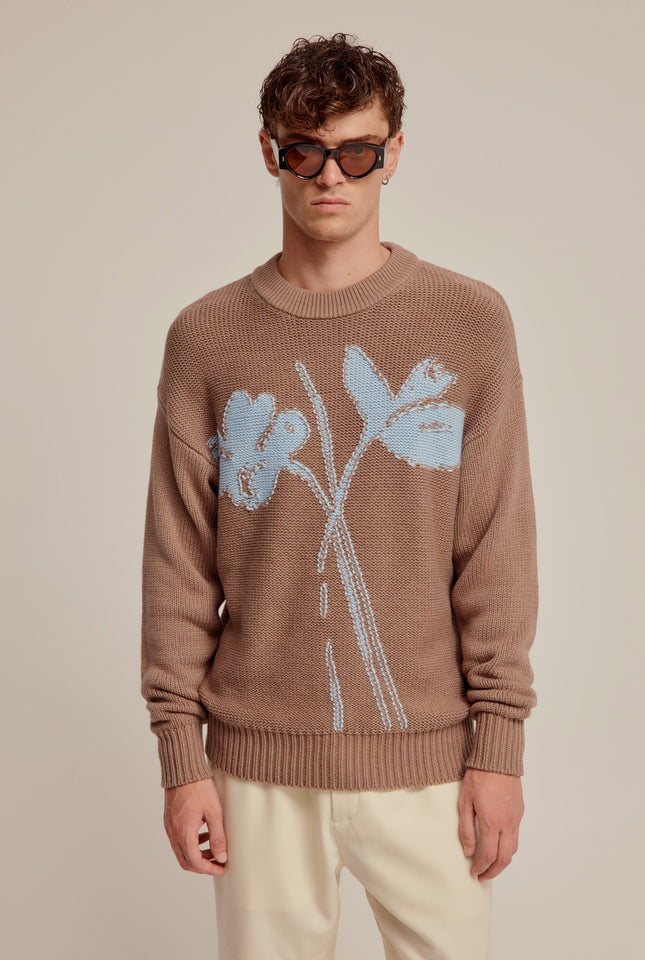 Cotton Cashmere Floral Intarsia Sweater - Brown/Blue