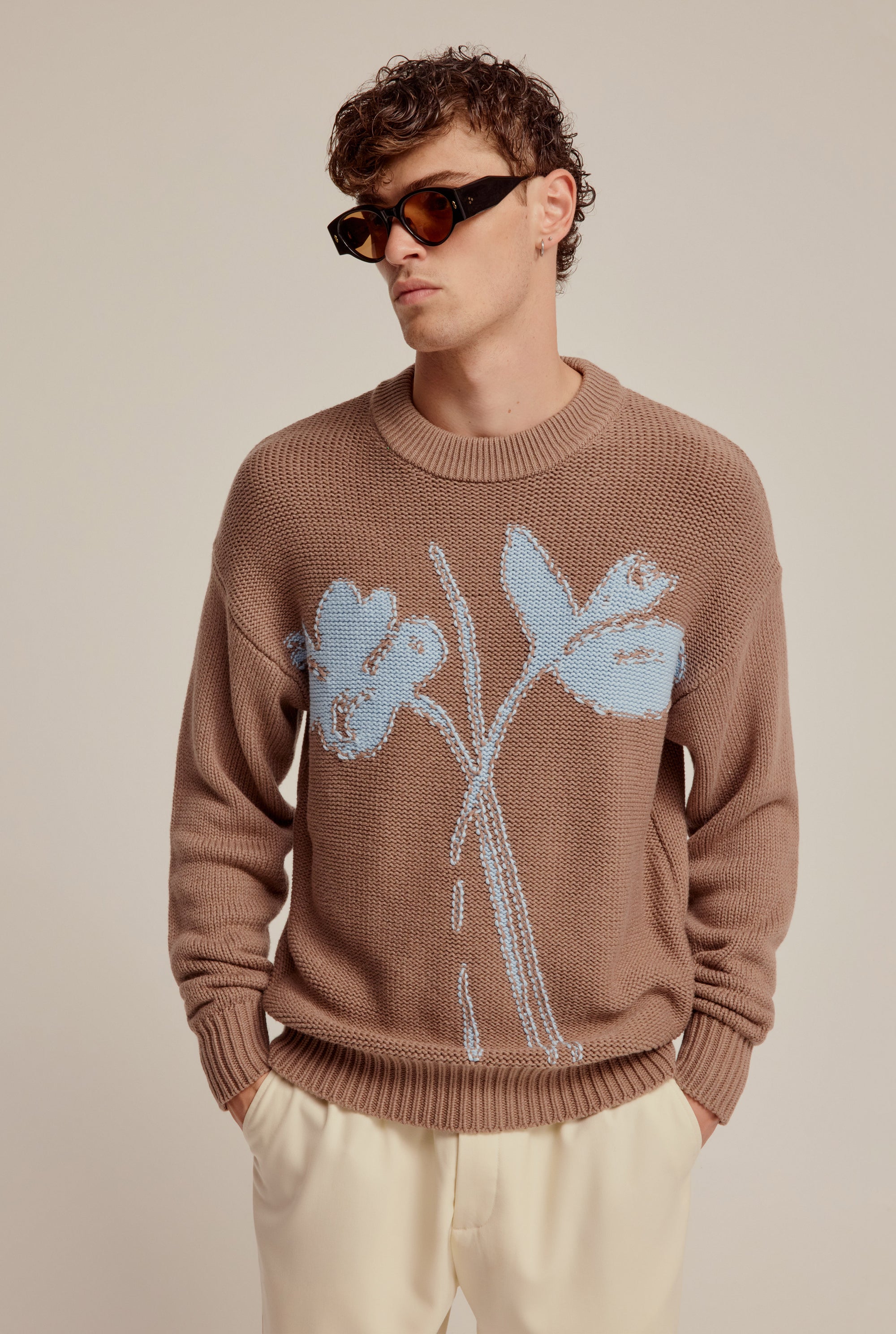 Cotton Cashmere Floral Intarsia Sweater - Brown/Blue