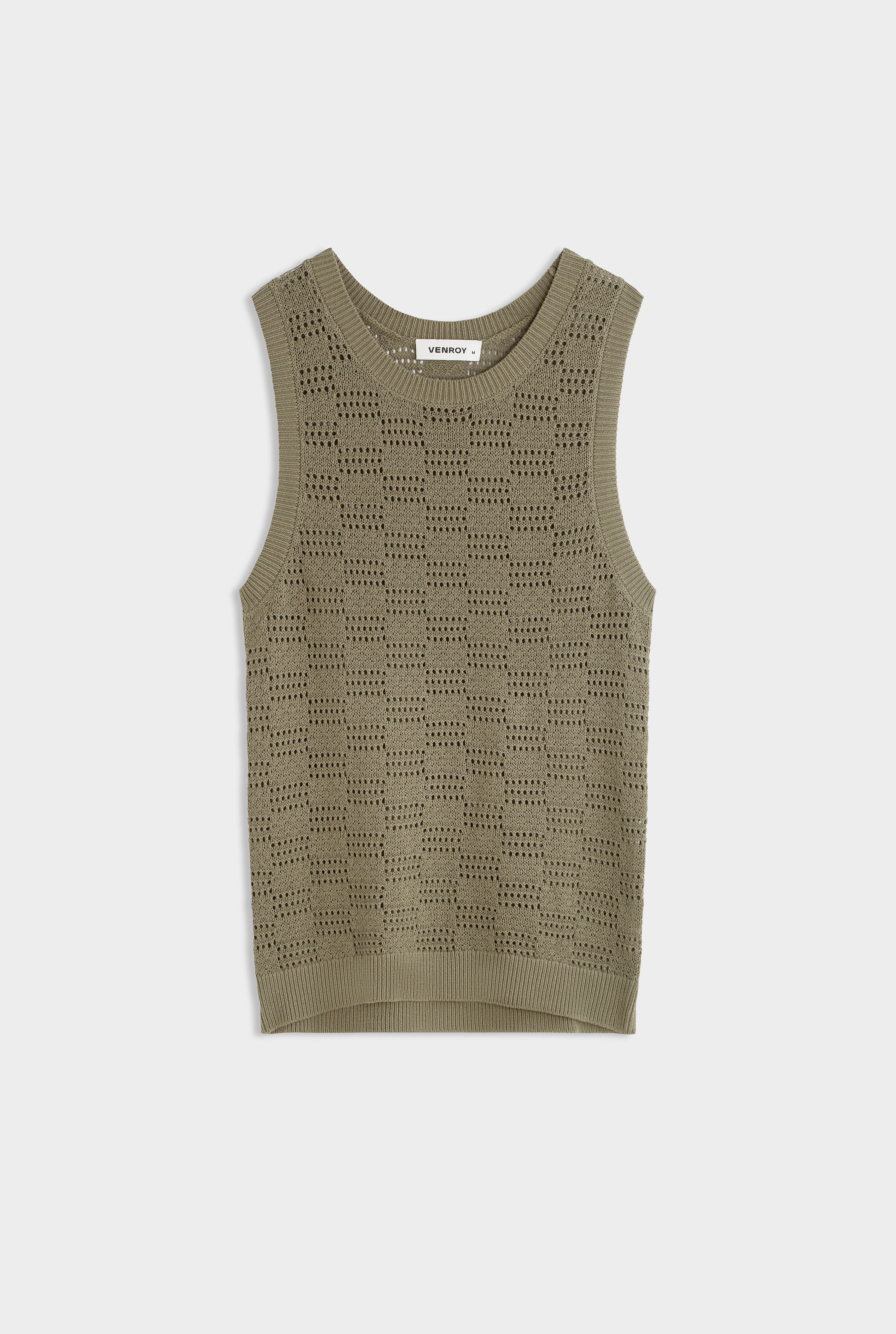 Cotton Crochet Check Tank - Dried Moss