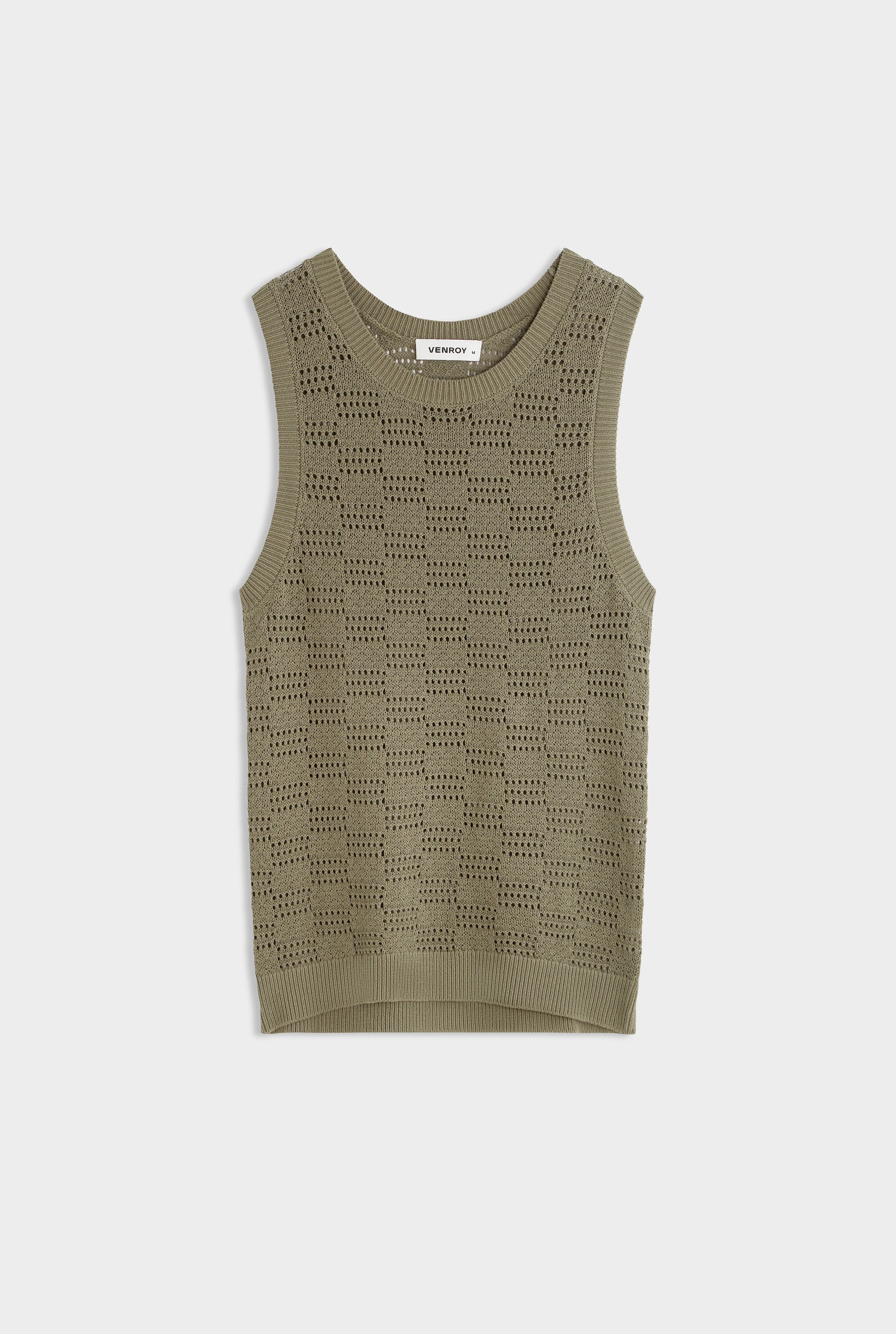 Cotton Crochet Check Tank - Dried Moss