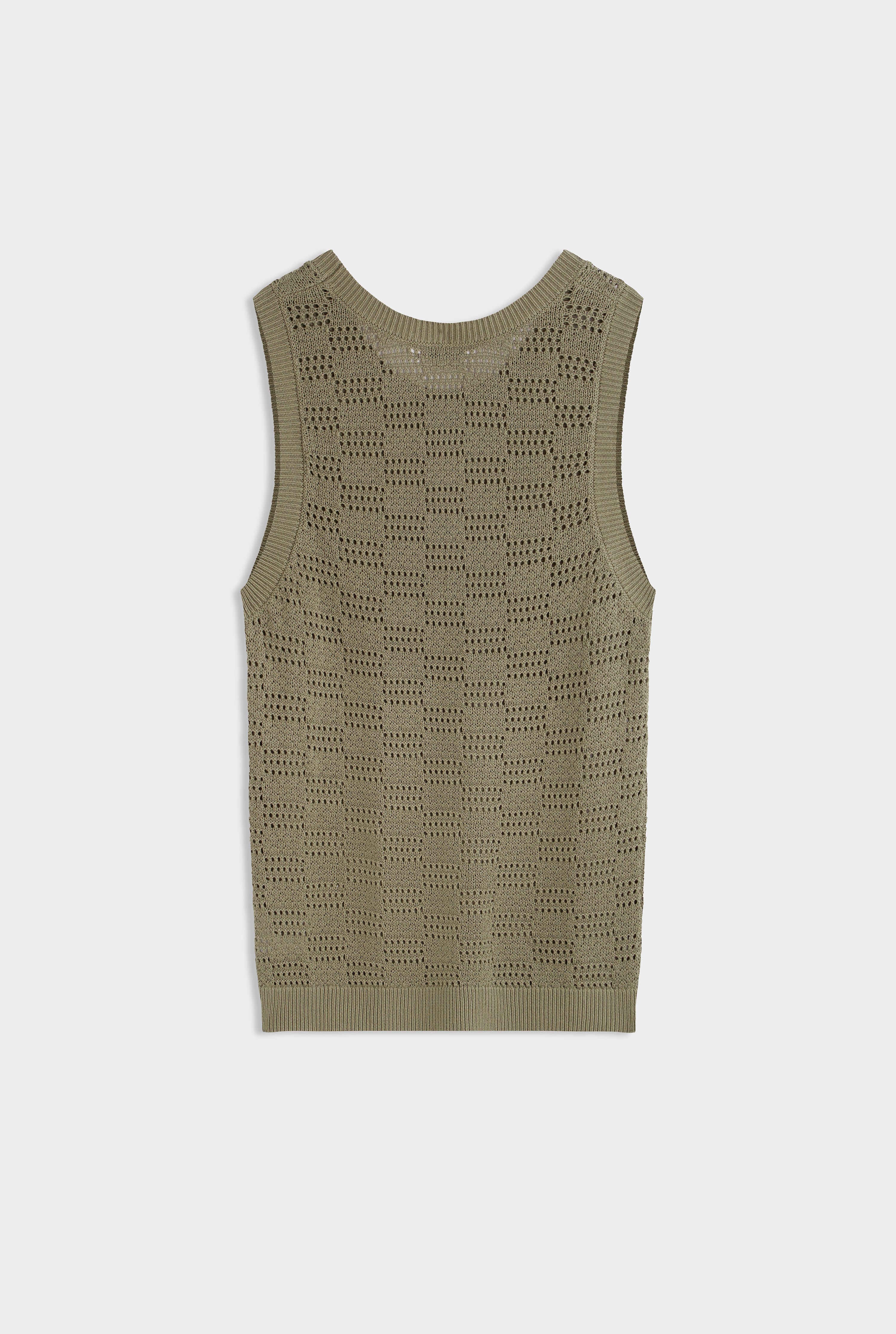 Cotton Crochet Check Tank - Dried Moss