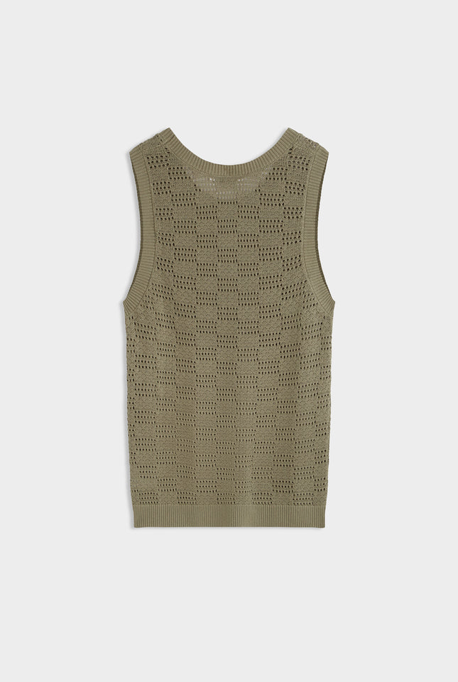 Cotton Crochet Check Tank - Dried Moss