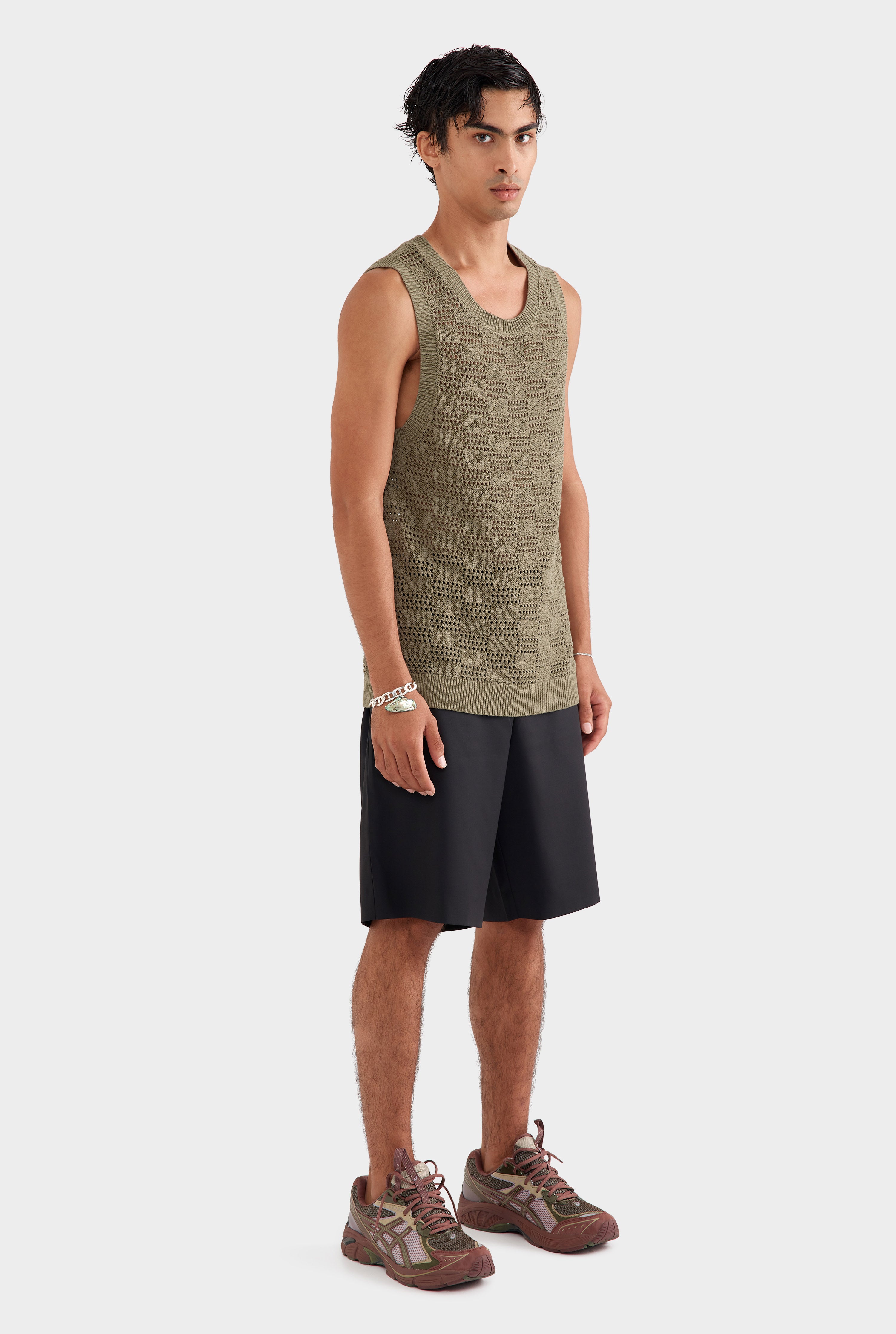 Cotton Crochet Check Tank - Dried Moss