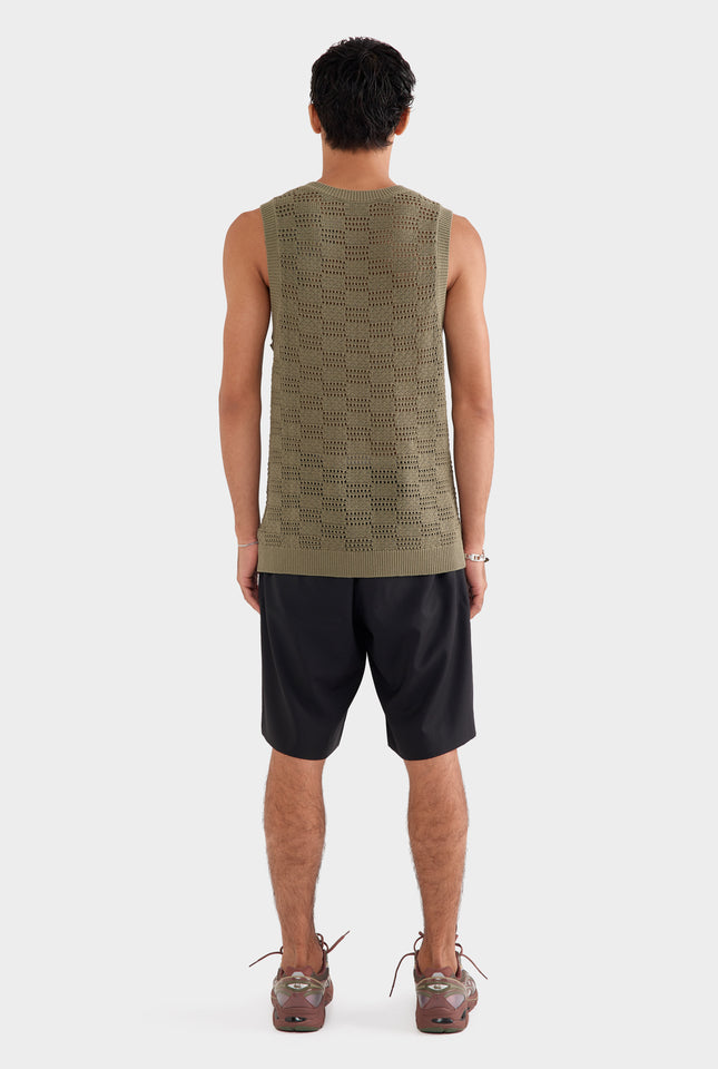 Cotton Crochet Check Tank - Dried Moss