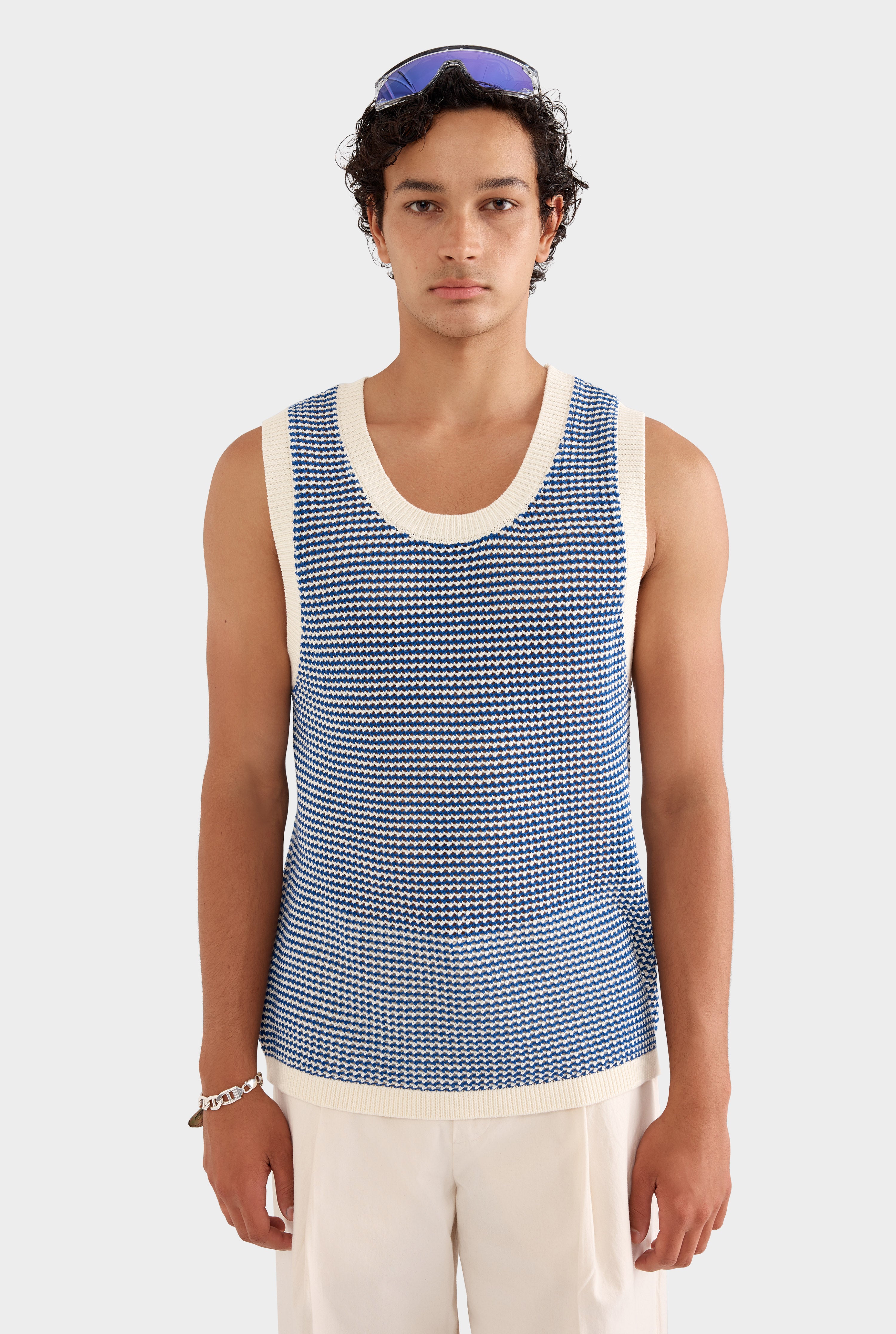 Cotton Crochet Tank - Cream/Blue