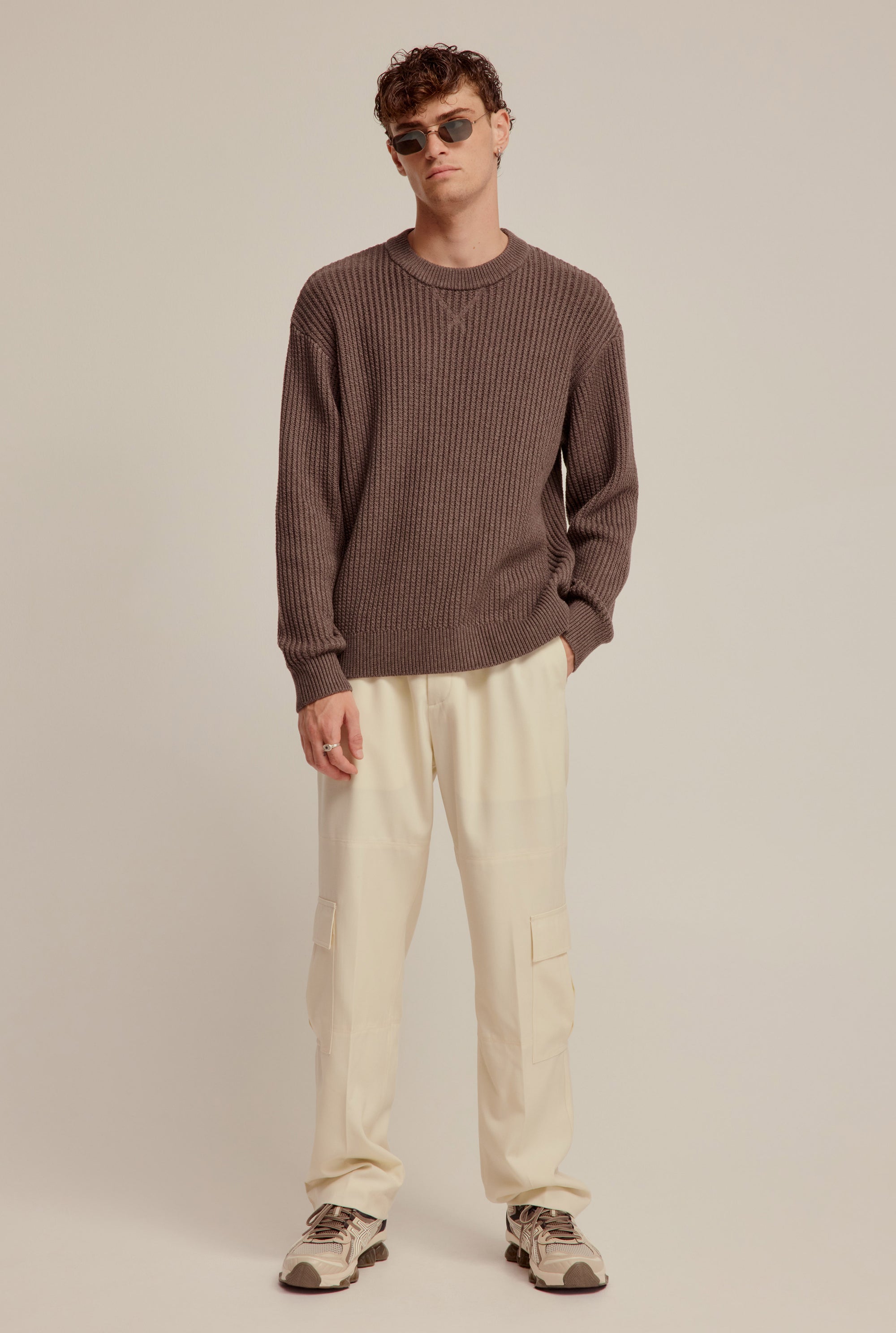 Cotton Rib Knitted Sweater - Brown Marl