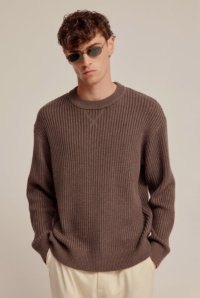 Cotton Rib Knitted Sweater - Brown Marl