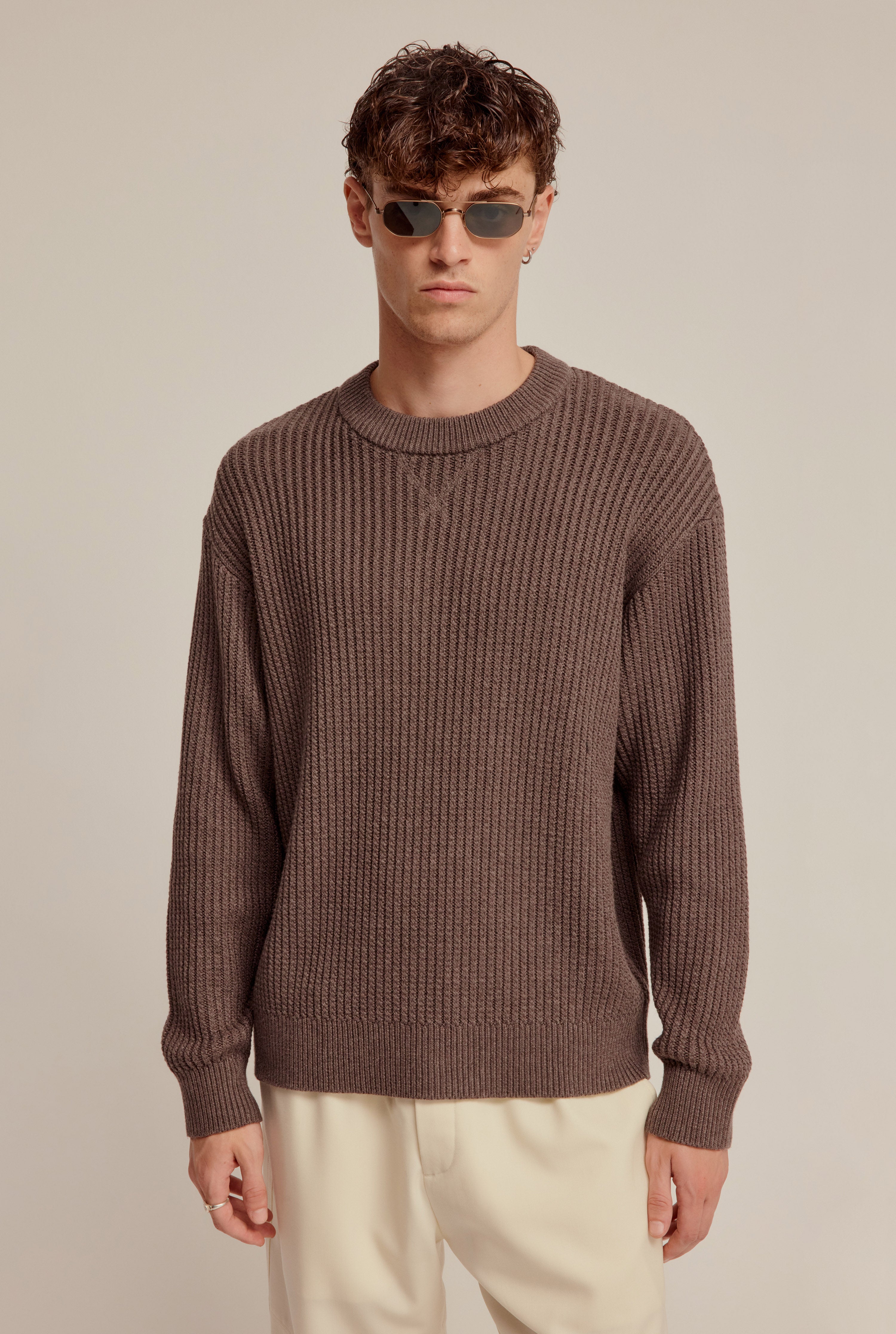 Cotton Rib Knitted Sweater - Brown Marl
