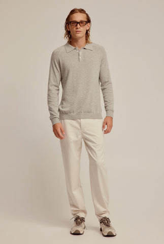 Long Sleeve Cotton Raglan Knit Polo - Grey Marl