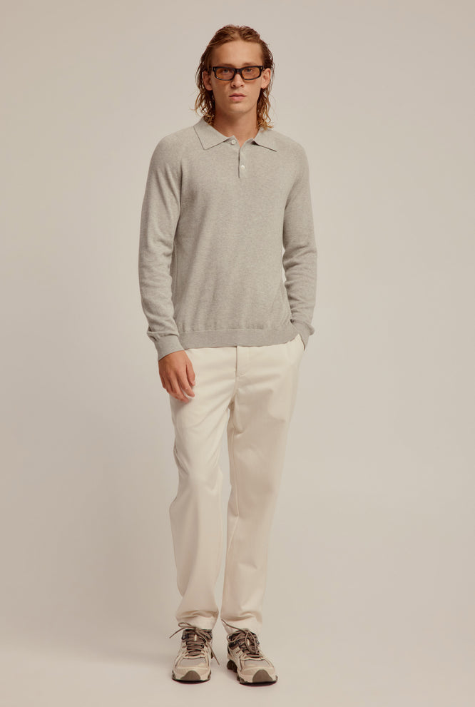 Long Sleeve Cotton Raglan Knit Polo - Grey Marl