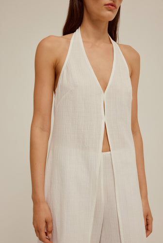 Crinkle Cotton Halter Vest - Off White