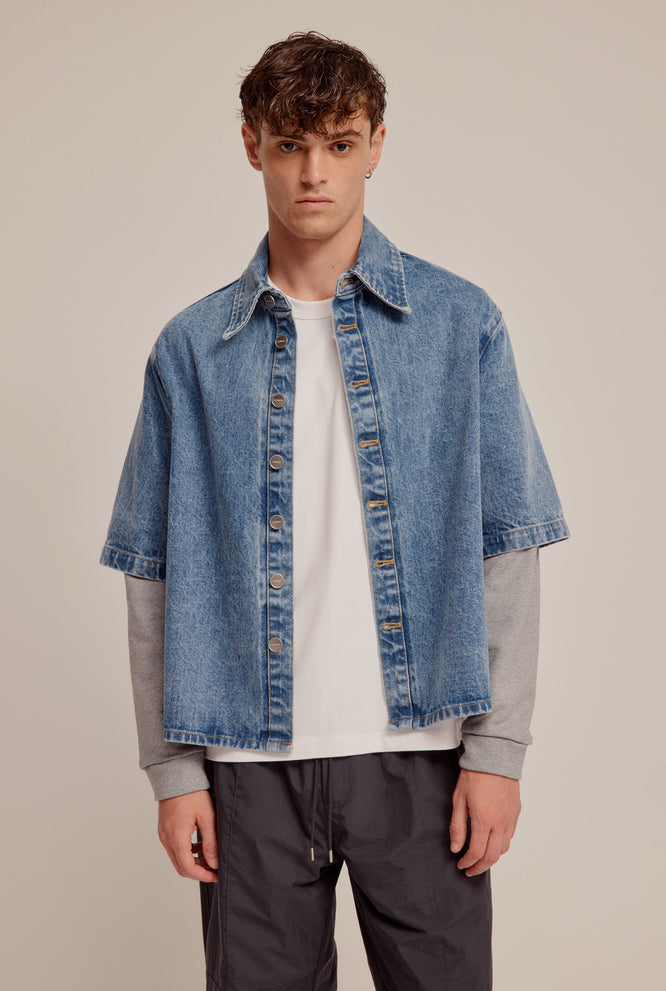 Denim Layered Sleeve Jacket - Mid Blue/Grey Marl