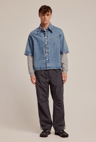 Denim Layered Sleeve Jacket - Mid Blue/Grey Marl