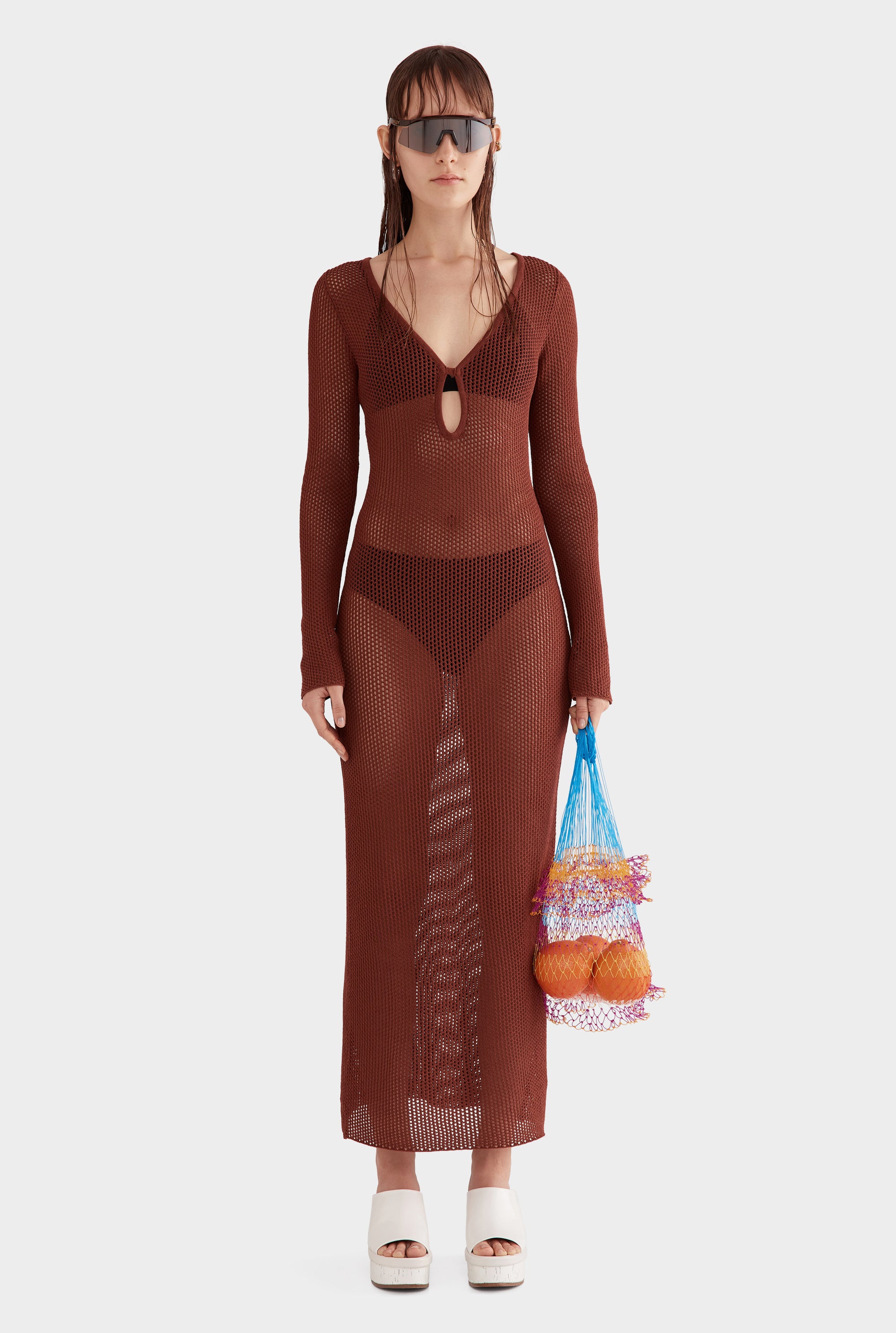 Long Sleeve Crochet Maxi Dress - Cherry Mahogany