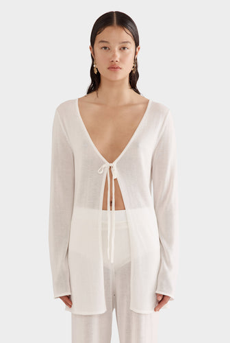 Tencel Knit Tie Front Top - Off White