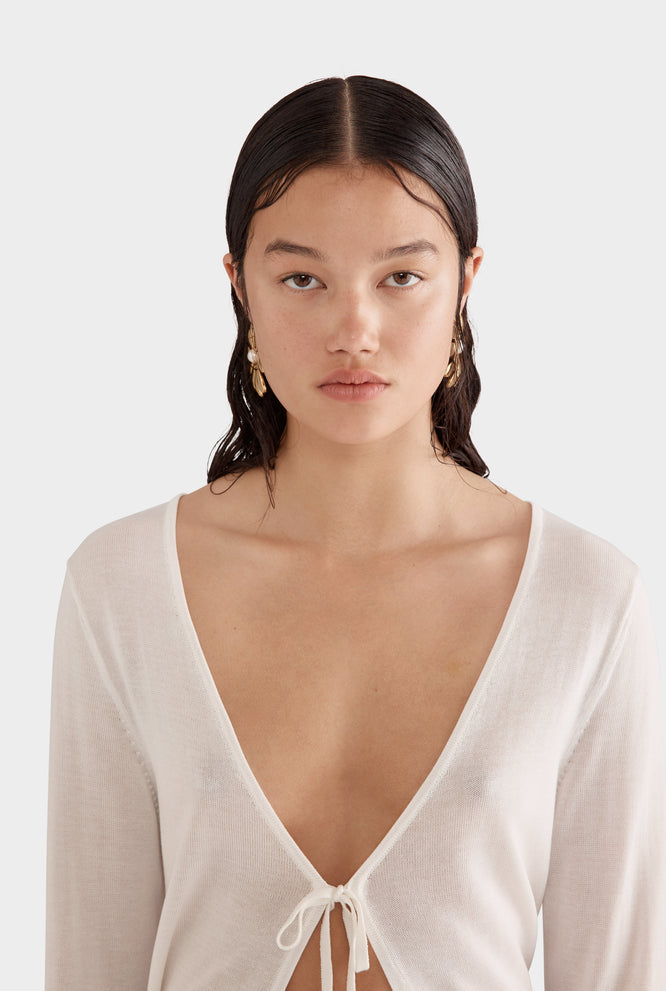 Tencel Knit Tie Front Top - Off White