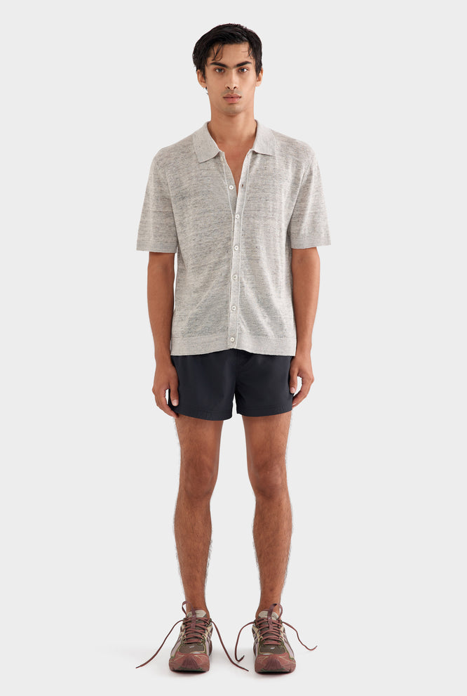 Knitted Linen Contrast Trim Shirt - Grey Marl/Contrast Stripe