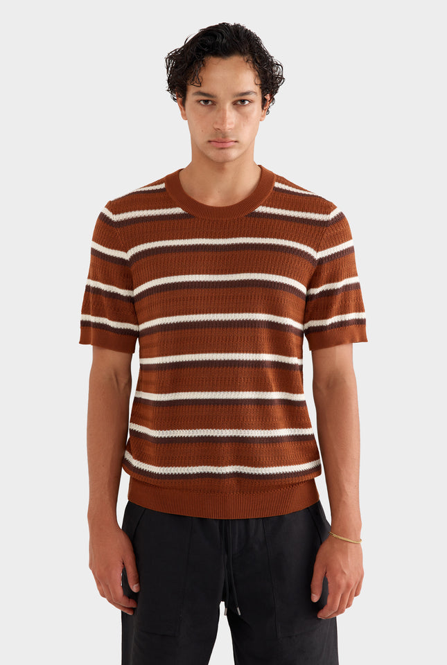 Knitted Tencel Stripe T-Shirt - Brown/Rust/Cream Stripe