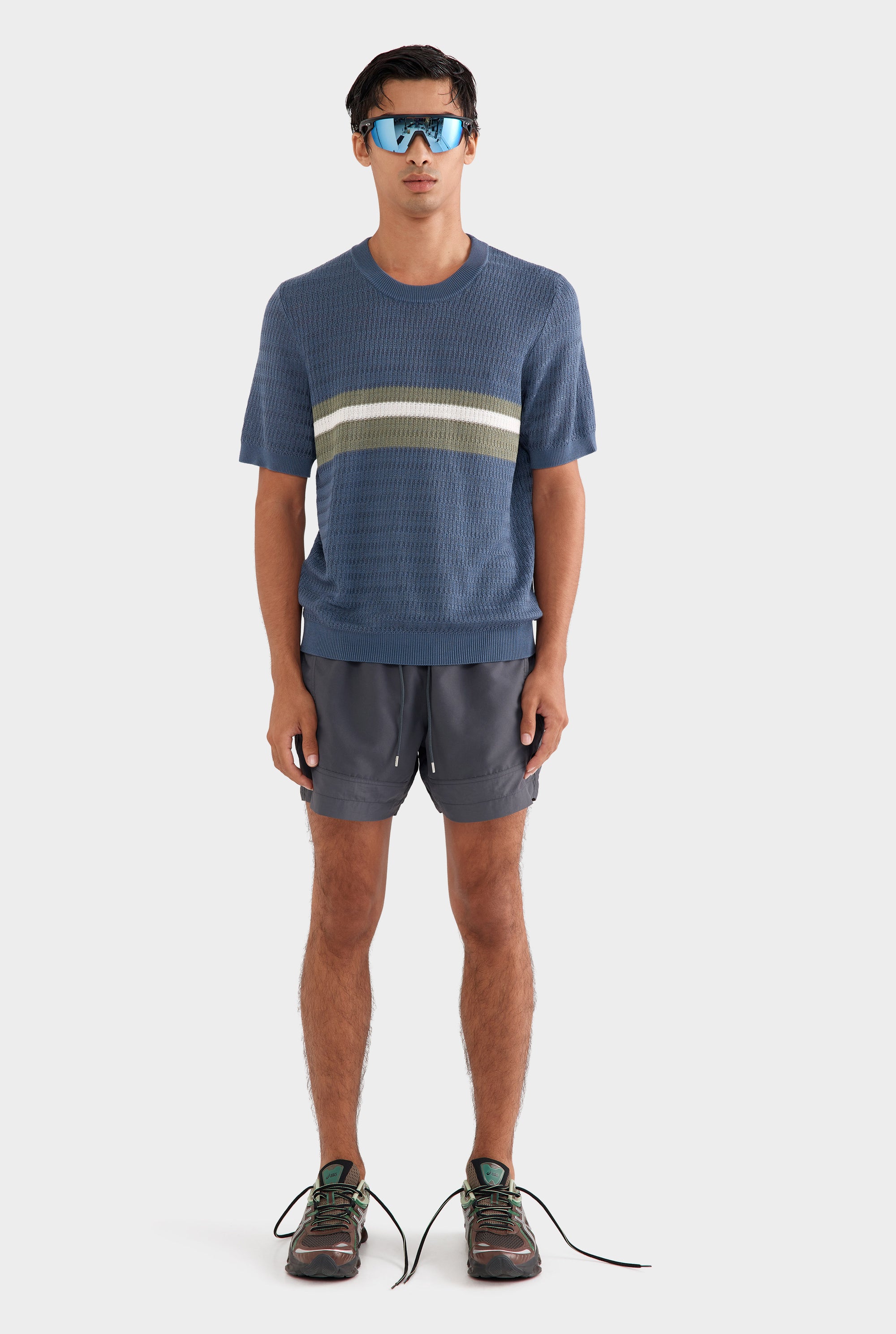 Knitted Tencel Stripe T-Shirt - Steel Blue/Sea Spray/Off White Stripe