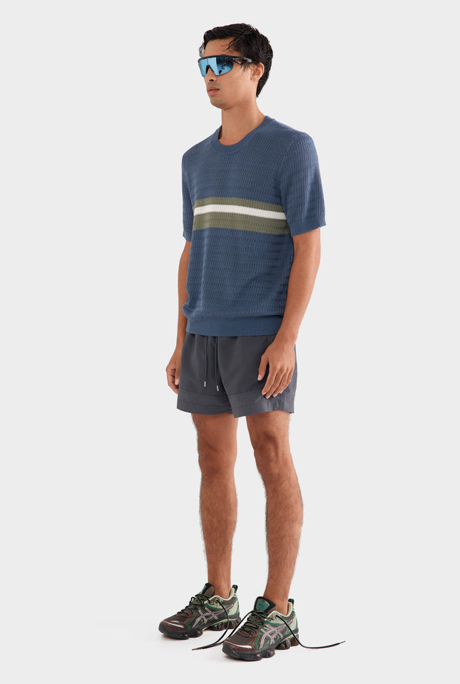 Knitted Tencel Stripe T-Shirt - Steel Blue/Sea Spray/Off White Stripe