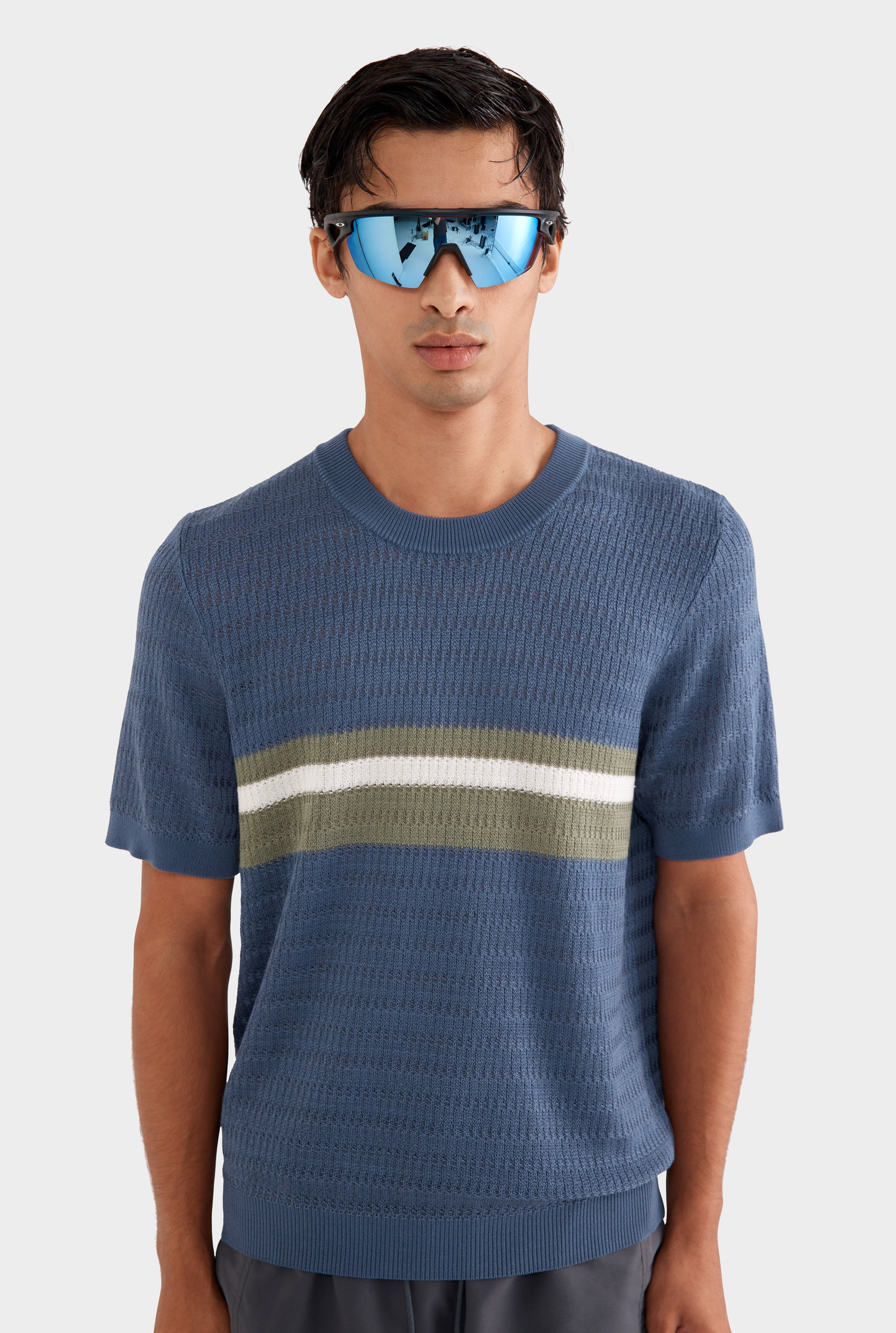 Knitted Tencel Stripe T-Shirt - Steel Blue/Sea Spray/Off White Stripe