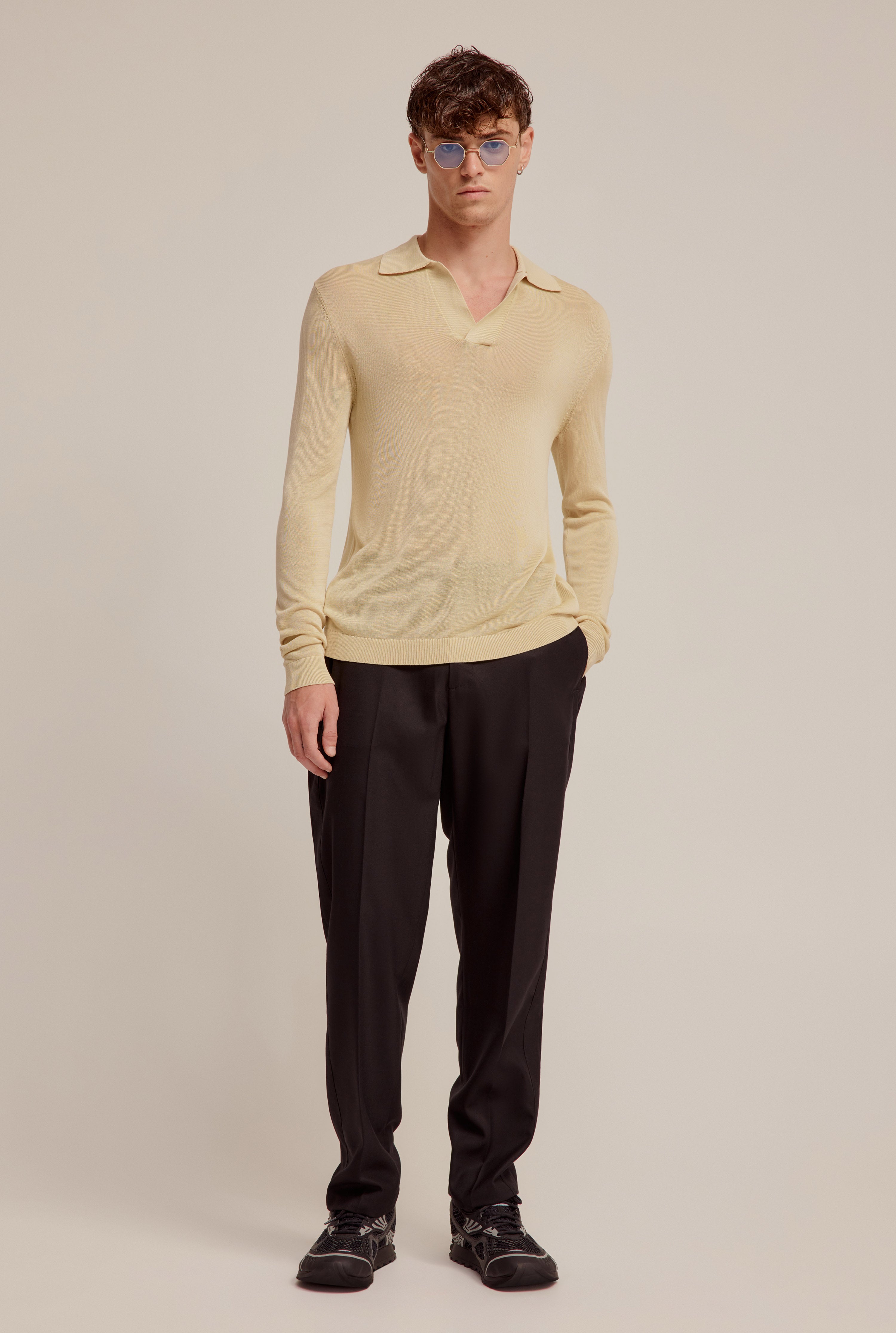 Long Sleeve Silk Knitted Open Neck Polo - Pale Straw