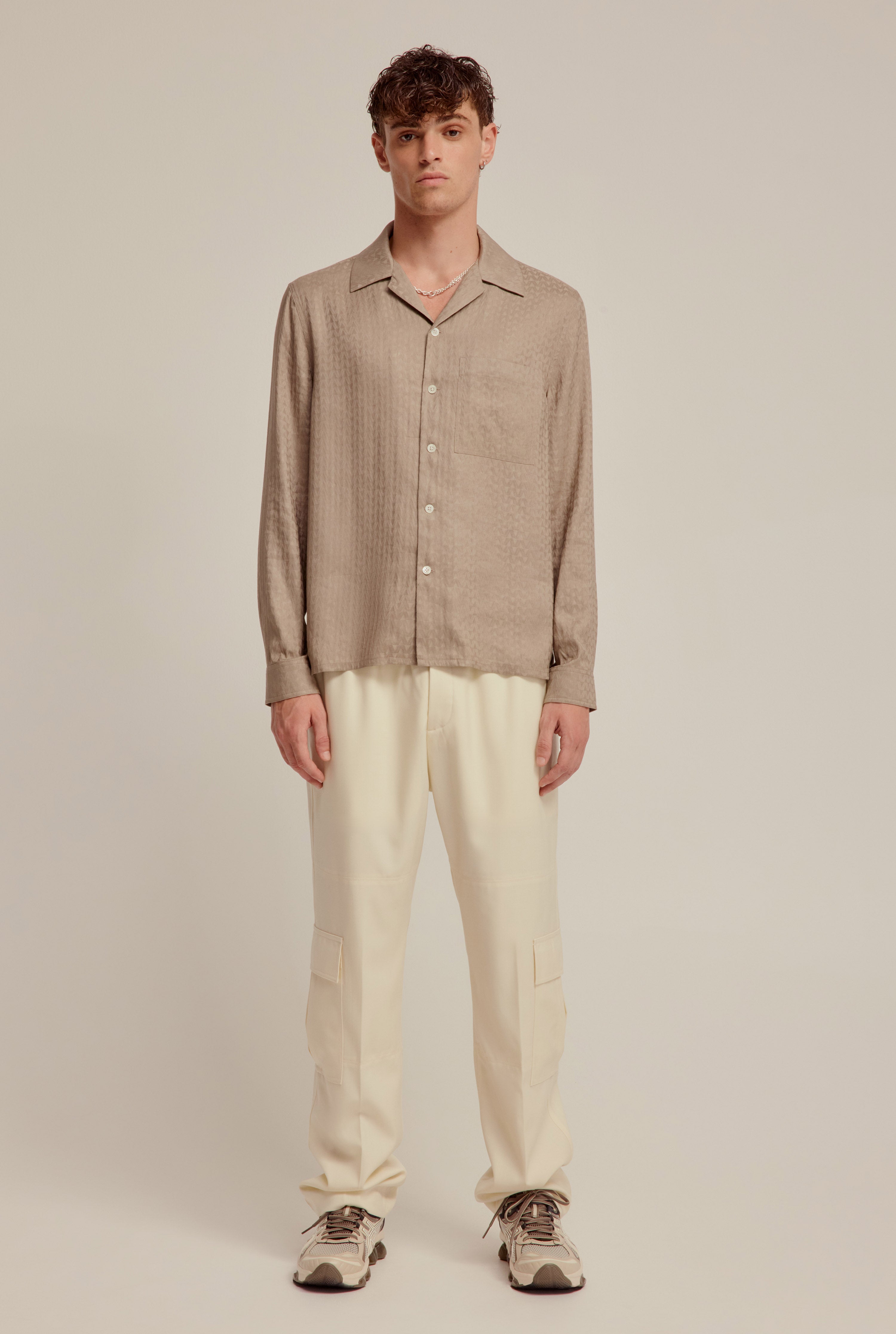 Long Sleeve Jacquard V Monogram Silk Linen Shirt - Walnut