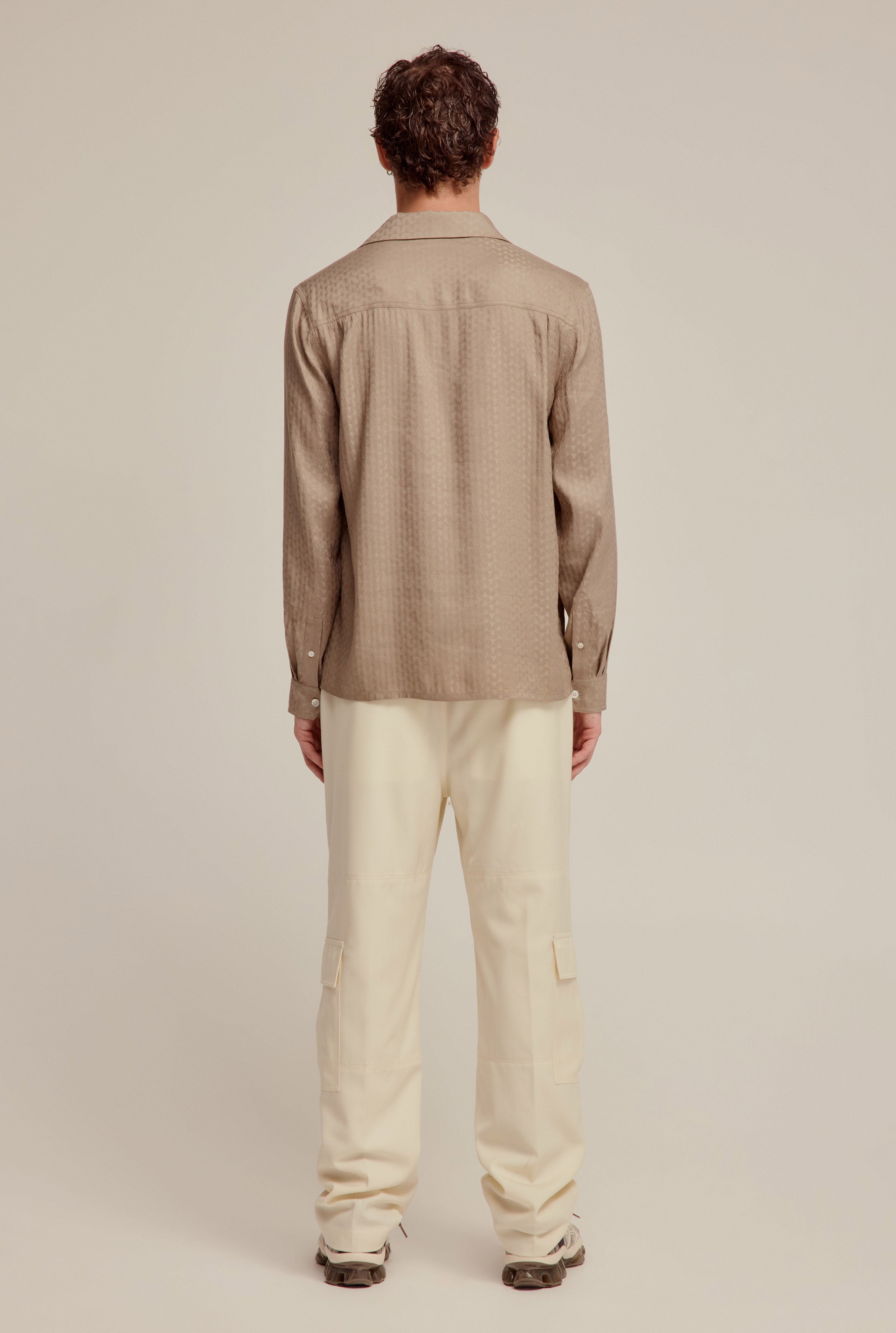 Long Sleeve Jacquard V Monogram Silk Linen Shirt - Walnut